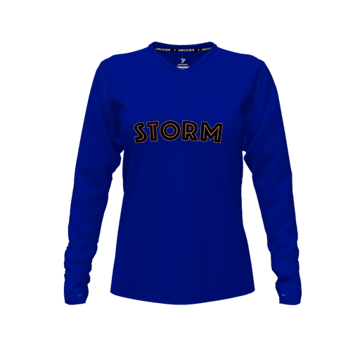 [CUS-DFW-TEES-CMF-VNK-LSL-RYL-FYXS-LOGO2] Decker Comfort T-Shirt (Female Youth XS, Royal, V Neck, Logo 2, Long Sleeve)