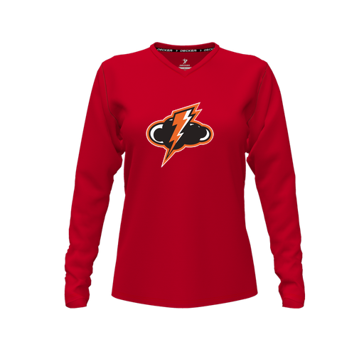 [FTLVCFRD-FYXS-LOGO1] Decker Comfort T-Shirt (Female Youth XS, Red, V Neck, Logo 1, Long Sleeve)