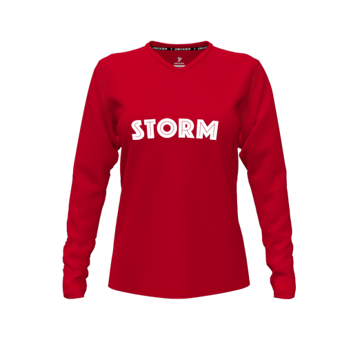 [CUS-DFW-TEES-CMF-VNK-LSL-RED-FYXS-LOGO3] Decker Comfort T-Shirt (Female Youth XS, Red, V Neck, Logo 3, Long Sleeve)